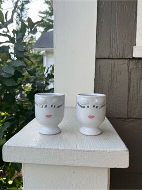 Modern Minimalistic White Ceramic Femme Face Egg Cups/Planter Pots, Set of Two